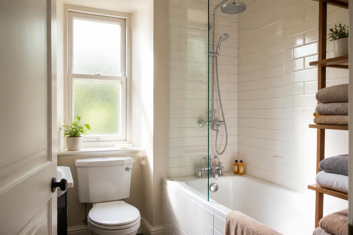 A finished small bathroom with white metro tiles and a chrome shower over the bath