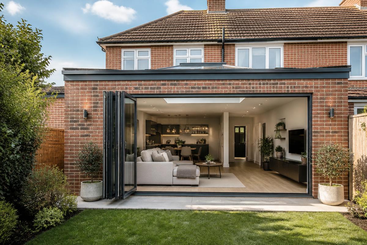 A finished single storey rear extension with bifold doors open onto a small lawn