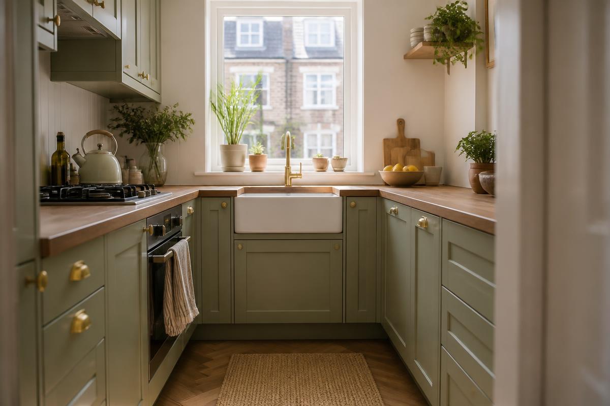 A finished kitchen with sage green shaker units, oak worktops and brass handles