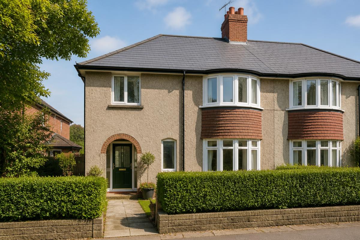 A British semi-detached house with a newly completed slate roof and tidy front garden